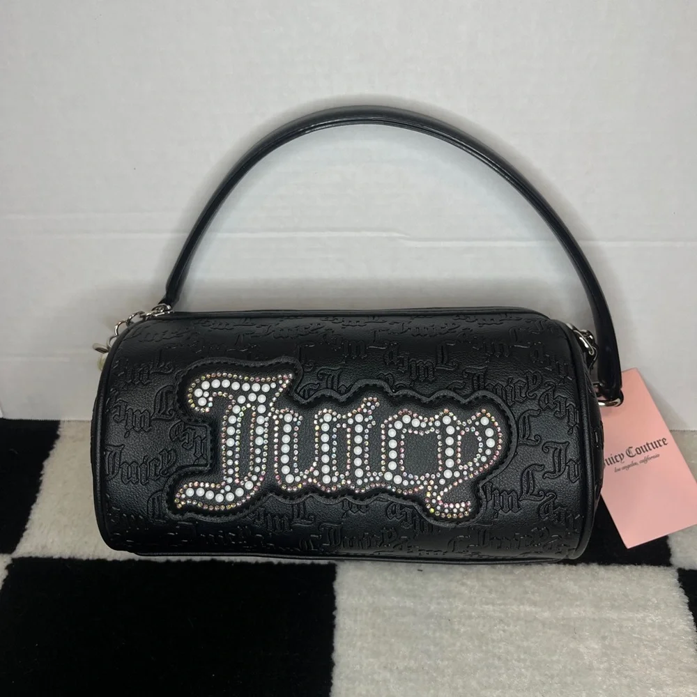 Juicy Couture Black Barrel Shoulder Bag Rhinestone Pearl Logo & Chain Strap - Picture 1 of 10